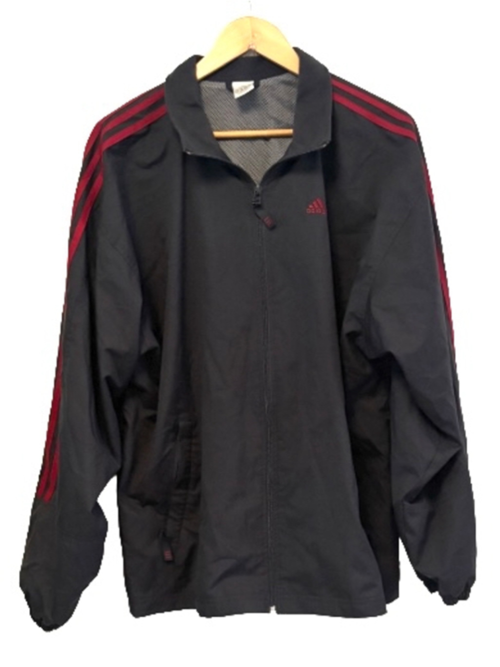 VTG adidas gry & burg strp mesh lined full zip windbreaker w fleece collar MN M